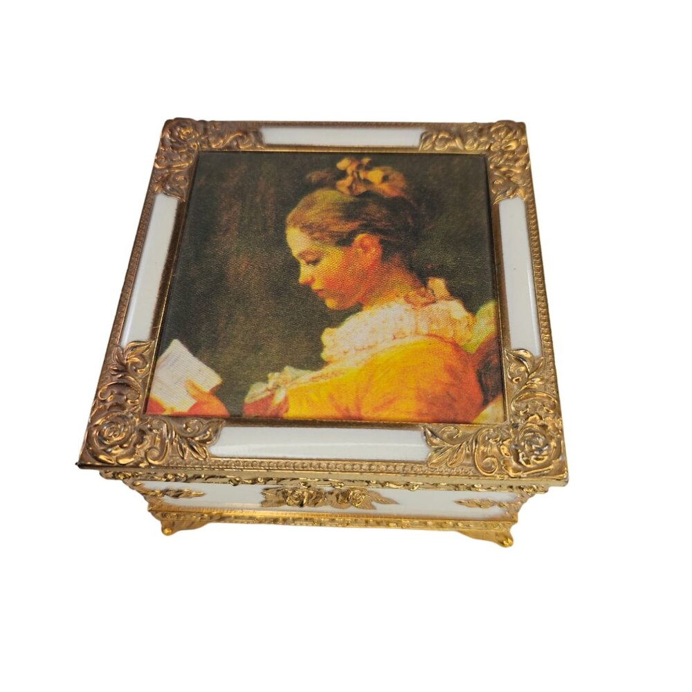 Vintage Gold White Jewelry Box Victorian Lady Reading Brass Metal Velvet
